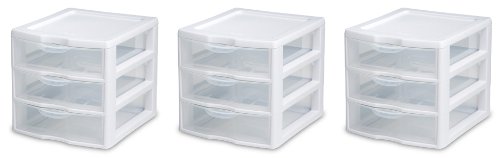 Sterilite 20938003 Wide 3 Drawer Unit, White Frame with Clear Drawers, 3-Pack