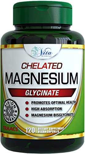 Chelated Magnesium Glycinate 200mg Supplement - Buffered Magnesium Chelate Ultra Bioavailable Albion TRAACS Non-GMO Vegan 120 Capsules