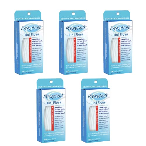 ProxySoft 3-in-1 Dental Floss for Optimal Teeth Flossing?- 5 packs Pre-Cut Ortho Floss Threaders for Braces, Tight Spaces, Bridges, Implants with Built-in Soft Proxy Brush and Stiff Threader Flosser
