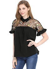 Load image into Gallery viewer, Allegra K Women&#39;s Sheer Yoke Floral Embroidery Collared Babydoll Top XL Black
