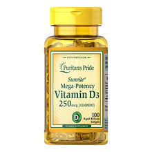Load image into Gallery viewer, Puritan&#39;s Pride Vitamin D3 10000 IU Bolsters Health Immune System Support and Healthy Bones &amp; Teeth Softgels, Yellow, 100 Count
