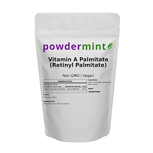 Vitamin A Palmitate Powder (Retinyl Palmitate) 15000 IU by powdermint, Non-GMO, Vegan, Wrinkle Reduction, Skin Health - Scoop Included (125 Grams)