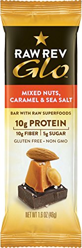 Raw Rev Glo Vegan Protein Bars, Mixed Nuts, Caramel and Sea Salt, 1.6 Ounce (Pack of 12)