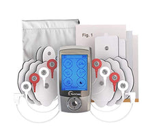Load image into Gallery viewer, TechCare Pro TENS Unit 24 Modes Best Portable Massager Back Neck Stress Sciatic Pain, Handheld Full Body Palm Plus Digital Pulse Impulse Professional Micro Massager (Silver)
