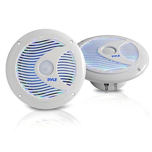 6.5 Inch Dual Marine Speakers - IP44 Waterproof and Weather Resistant Outdoor Audio Stereo Sound System with Built-in Led Lights, 150 Watt Power and Polypropylene Cone - 1 Pair - PLMR6LEW (White)