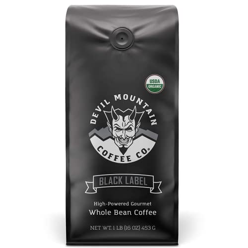 Devil Mountain Coffee Black Label Dark Roast Whole Bean Coffee, Strong High Caffeine Coffee Beans, USDA Organic, Fair Trade, Gourmet Artisan Roasted, Strongest Coffee in the World, 16 oz Bag