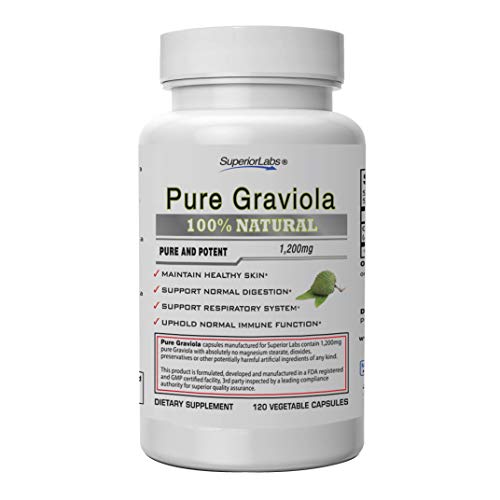 Superior Labs  Pure Natural Graviola NonGMO  1,200mg, 120 Vegetable Caps Natural Dietary Soursop Supplement  Healthy Skin & Helps Promotes Cell Growth  Respiratory System - Balanced Mood