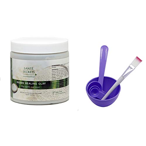 Indian Healing Clay & 4 in 1 Cosmetic DIY Facial Mask Bowl Brush Stick Measure Spoon (1 Lb, Purple)