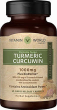 Load image into Gallery viewer, Vitamin World Turmeric Curcumin 1000 mg 60 Capsules, BioPerine Black Pepper Extract Absorption, Standardized to Contain 95% Curcuminoids, Joint Support, Antioxidant, Anti-inflammatory, Gluten Free
