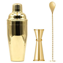 Load image into Gallery viewer, Homestia Gold Cocktail Shaker Set Bartender Kit Stainless Steel 24oz Martini Shaker, Muddle Spoon, Double Jigger, Fine Strainer, Ice Tong, 2 Liquor Pour Spout Barware Gift Set
