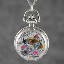 Load image into Gallery viewer, VIGOROSO Men&#39;s Pocket Watch Quartz Colorful Peacock Flowers Enamel Ceramic Smooth Silver in Gift Box
