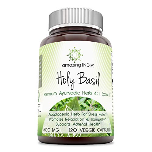 Amazing India Holy Basil Extract 500mg 120 Capsules (Non-GMO) Per Bottle - 100% Pure Tulsi (Ocimum Sanctum) Leaf Extract 4:1 Concentrate - Promotes Calm and Wellness
