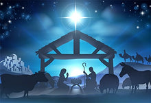 Load image into Gallery viewer, LFEEY 7x5ft Birth of Jesus Backdrop Christmas Night Manger Nativity Scene Silhouette Background Farm Barn Stable Christianity Photography Prop Studio Photo Booth Props

