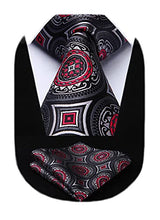 Load image into Gallery viewer, HISDERN Extra Long Floral Paisley Tie Handkerchief Men&#39;s Necktie &amp; Pocket Square Set ,Black &amp; Gray &amp; Red 2,XL, 63 inches length
