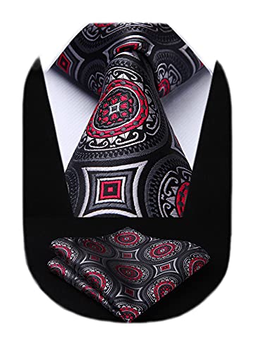 HISDERN Extra Long Floral Paisley Tie Handkerchief Men's Necktie & Pocket Square Set ,Black & Gray & Red 2,XL, 63 inches length