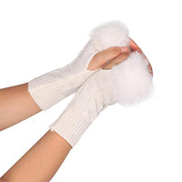 MALLOOM Fashion Knitted Faux Fur Fingerless Arm Gloves Women Winter Long Mitten (White)