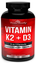 Load image into Gallery viewer, Vitamin K2 (MK7 &amp; MK4) with D3 Supplement - Vitamin K &amp; D as MK-7 100mcg, MK-4 500mcg, and 5000 IU Vitamin D3-3-in-1 Formula - Bone and Heart Support - 90 Non-GMO Vegetarian Capsules
