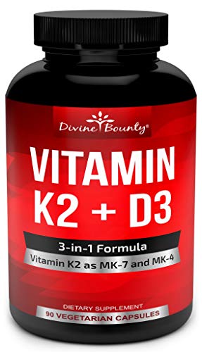Vitamin K2 (MK7 & MK4) with D3 Supplement - Vitamin K & D as MK-7 100mcg, MK-4 500mcg, and 5000 IU Vitamin D3-3-in-1 Formula - Bone and Heart Support - 90 Non-GMO Vegetarian Capsules