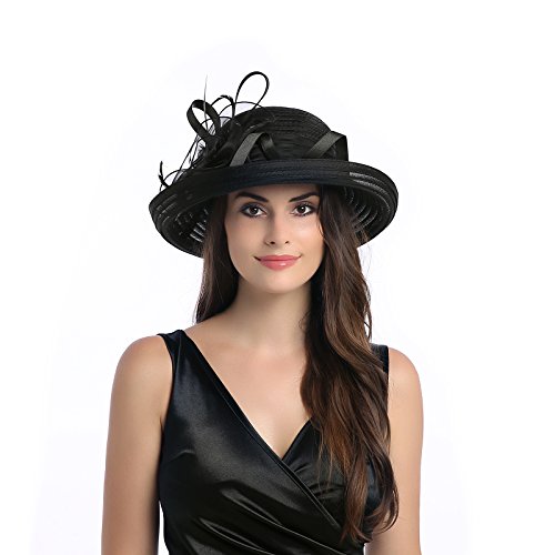 DANTIYA Lady's Organza Wide Brim Bowler Hat Kentucky Derby Church Dress Sun Hat, Black, Free