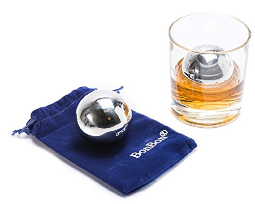 BonBon Large 5.5 cm pair of Whiskey Balls-Reusable Metal Stainless Steel,Scotch,Vodka,Wine Ice Chiller Rocks Gift Set. Chilling Stones Cubes Won't Dilute Your Favorite Drink