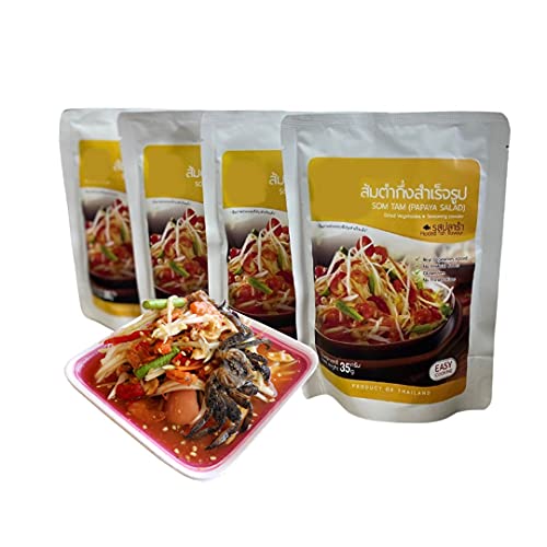 (Pack of 4) Instant Dried Papaya Salad - Delicious Intense Flavor - Gluten Free - No Dyes - No preservatives - Mix With Real Vegetable And Seasoning Powder 35g (Tum Plara)