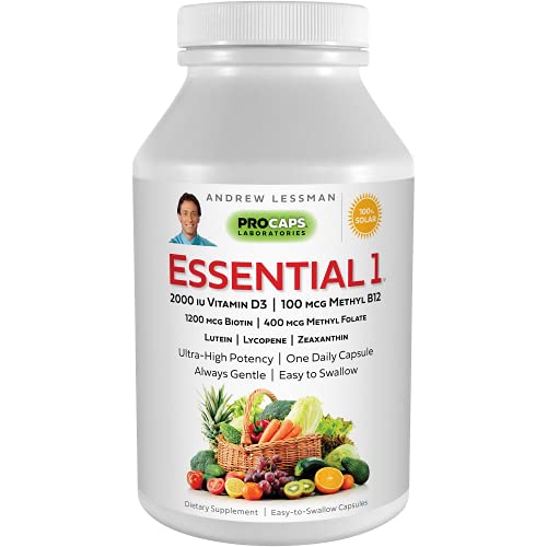 Andrew Lessman Essential-1 Multivitamin 2000 IU Vitamin D3 60 Small Capsules  100 mcg Methyl B12. Lutein Lycopene Zeaxanthin. 24+ Nutrients. High Potency. No Additives. Ultra-Mild Only One Cap Daily