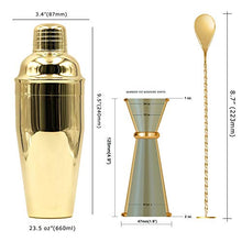 Load image into Gallery viewer, Homestia Gold Cocktail Shaker Set Bartender Kit Stainless Steel 24oz Martini Shaker, Muddle Spoon, Double Jigger, Fine Strainer, Ice Tong, 2 Liquor Pour Spout Barware Gift Set
