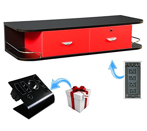 Red Locking Wall Mount Styling Station with Black Tabletop Appliance Holder & 4 Port Power Strip