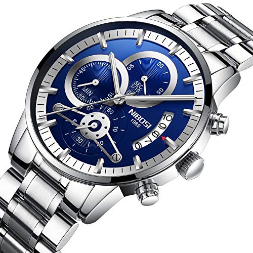 Watches Men's Business Dress Chronograph Quartz Watch Stainless Steel Sport Waterproof Wristwatch Blue
