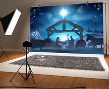 Load image into Gallery viewer, LFEEY 7x5ft Birth of Jesus Backdrop Christmas Night Manger Nativity Scene Silhouette Background Farm Barn Stable Christianity Photography Prop Studio Photo Booth Props
