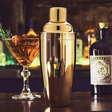 Load image into Gallery viewer, Homestia Gold Cocktail Shaker Set Bartender Kit Stainless Steel 24oz Martini Shaker, Muddle Spoon, Double Jigger, Fine Strainer, Ice Tong, 2 Liquor Pour Spout Barware Gift Set
