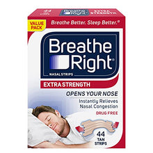Load image into Gallery viewer, Breathe Right Extra Strength Tan Nasal Strips, Nasal Congestion Relief due to Colds &amp; Allergies, Reduces Nasal Snoring caused by Nasal Congestion, Drug-Free, 44 count
