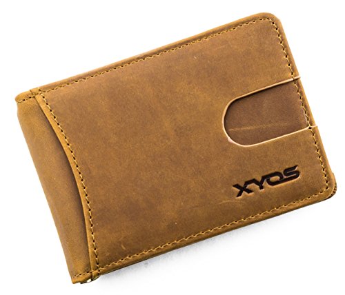 RFID Blocking Men's Bi-Fold Genuine Leather Slim Money Clip Front Pocket Wallet (Camel Brown)