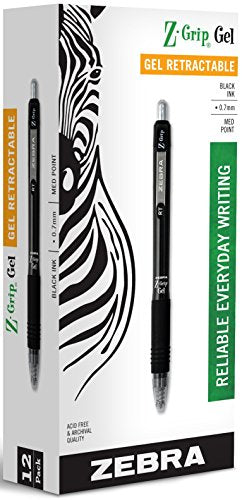 Zebra Pens Z-Grip Gel Retractable Ballpoint Rollerball Pen, Medium Point, 0.7mm, Black, 12-Count (42410)