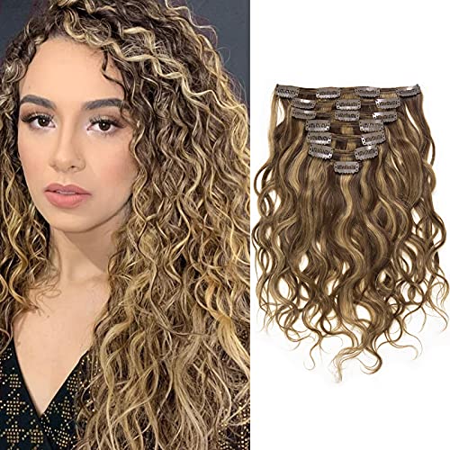 Caliee Curly Clip in Hair Extensions 20Inch Natural Wave Curly Thick End Full Head 8A Grade Remy Human Hair Extensions Highlight Dark Brown Mixed with Strawberry Blonde #P4/27 with 7Pcs/Set 120G