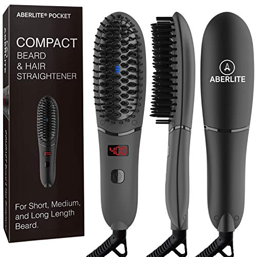 Aberlite Pocket - Compact Beard Straightener for Men - Ionic & Anti-scald Technology - Beard Straightening Heat Brush Comb Ionic - For Home and Travel