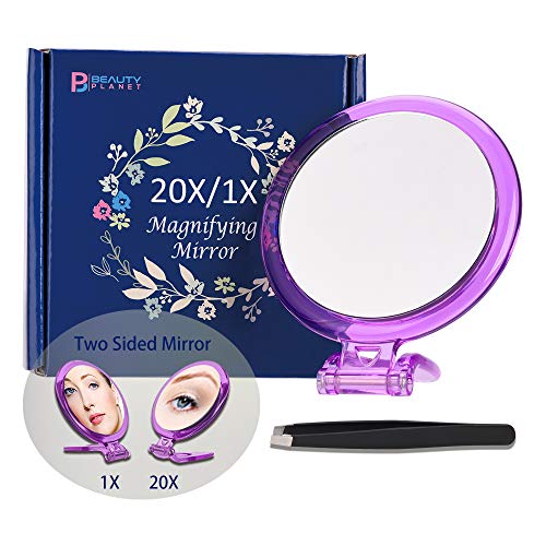 20X Magnifying Mirror, Two Sided Mirror, 20X/1X Magnification, Folding Makeup Mirror with Handheld/Stand,Use for Makeup Application, Tweezing, and Blackhead/Blemish Removal. 4Inches(Purple)