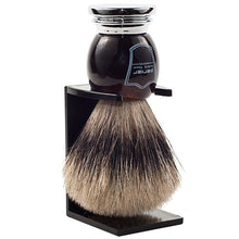 Load image into Gallery viewer, Parker Safety Razor, Premium 3-Band Pure Badger Bristle Shaving Brush with Stand, Packaged in a Gift Box, Generates a Fabulous Lather. (Faux Horn)
