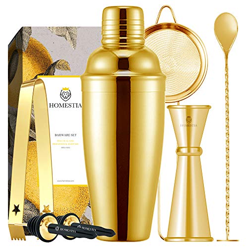 Homestia Gold Cocktail Shaker Set Bartender Kit Stainless Steel 24oz Martini Shaker, Muddle Spoon, Double Jigger, Fine Strainer, Ice Tong, 2 Liquor Pour Spout Barware Gift Set