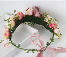 Load image into Gallery viewer, Women Flower Crown Bridal Flower Headband Hair Wreath Floral Headpiece Halo Boho with Ribbon Wedding Party Festival Photos Pink by Vivivalue
