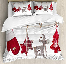 Load image into Gallery viewer, Ambesonne Christmas Duvet Cover Set, Traditional Xmas Celebration Items Hanging from Clothespins Retro, Decorative 3 Piece Bedding Set with 2 Pillow Shams, King Size, Cream Red
