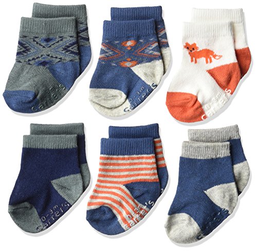 Carter's Baby Boys' 6 Pack Computer Socks (6 Pack),  Fox- Blue, Orange, White, 3-12 Months