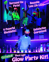 Load image into Gallery viewer, Black Lights for Glow Party! 115W Blacklight LED Strip kit. 4 UV Lights to Surround Your neon Party. Ultraviolet Lighting for Big Rooms. Easy Set up! Glow in The Dark Party Supplies. Halloween Decor.
