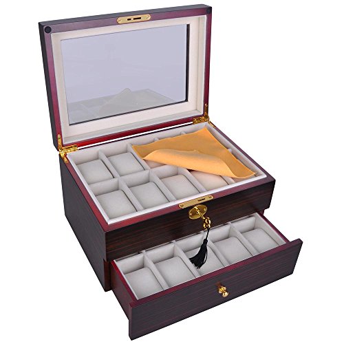 Yescom 20 Slots Wooden Watch Display Case Glass Top Jewelry Collection Storage Box Organizer Men/Women Ebony Wood
