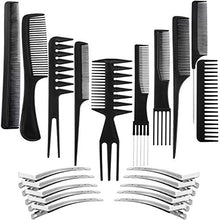 Load image into Gallery viewer, 10 Pieces Hair Barber Styling Comb Set with 10 Pieces Duck Bill Clips Hair Cutting Comb Set Salon Anti-static Stylists Comb Clip Set for Women Men (Black)

