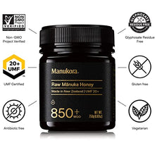 Load image into Gallery viewer, Manukora UMF 20+/MGO 850+ Raw M?nuka Honey (250g/8.8oz) Authentic Non-GMO New Zealand Honey, UMF &amp; MGO Certified, Traceable from Hive to Hand
