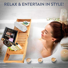 Load image into Gallery viewer, Premium Bamboo Bathtub Tray Caddy - Expandable Wood Bath Tray with Book/Tablet Holder, Wine Glass Slot - Tub Table Bathtub Accessories - Gift Idea for Loved Ones
