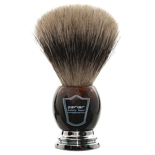 Parker Safety Razor, Premium 3-Band Pure Badger Bristle Shaving Brush with Stand, Packaged in a Gift Box, Generates a Fabulous Lather. (Faux Horn)