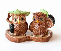 Retro Owl Ceramic Salt and Pepper Shakers on Log Display Tray-3 Pieces