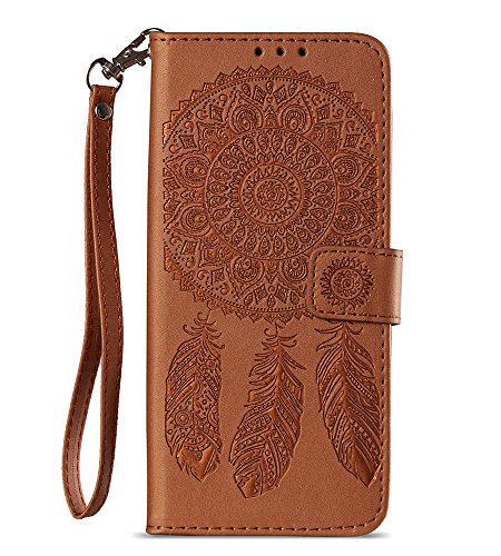 Galaxy S9 Plus Case, S9 Plus Case, JanCalm [Multi Card/Cash Slots] [Dream Catcher Pattern] Flip Cover Wallet PU Leather with Stand + Wrist Strap Case Cover for Samsung Galaxy S9+ + Crystal pen (Brown)
